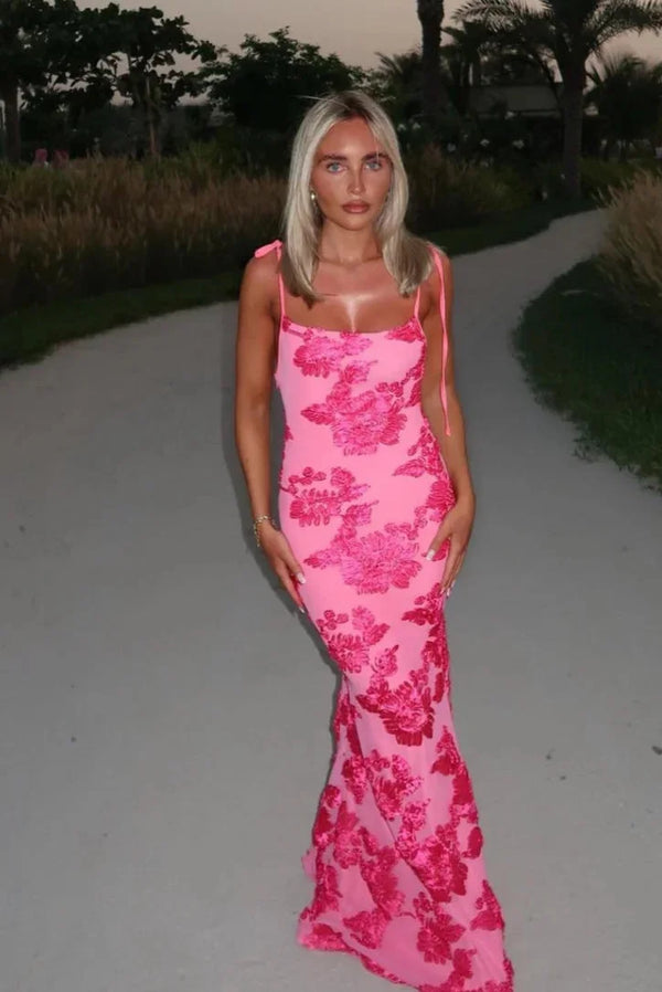 Mara | Women’s pink floral maxi dress with elegant shoulder ties