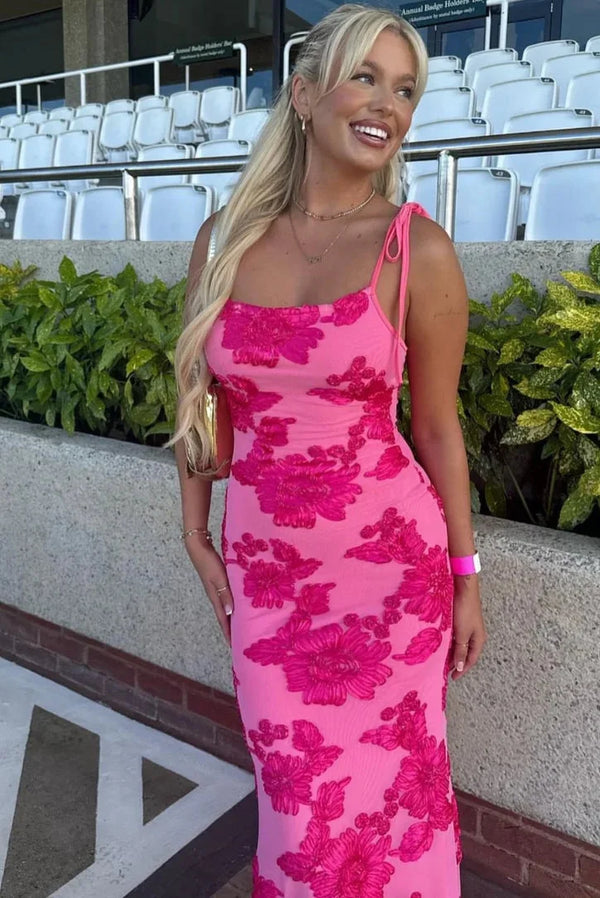 Mara | Women’s pink floral maxi dress with elegant shoulder ties