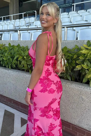 Mara | Women’s pink floral maxi dress with elegant shoulder ties