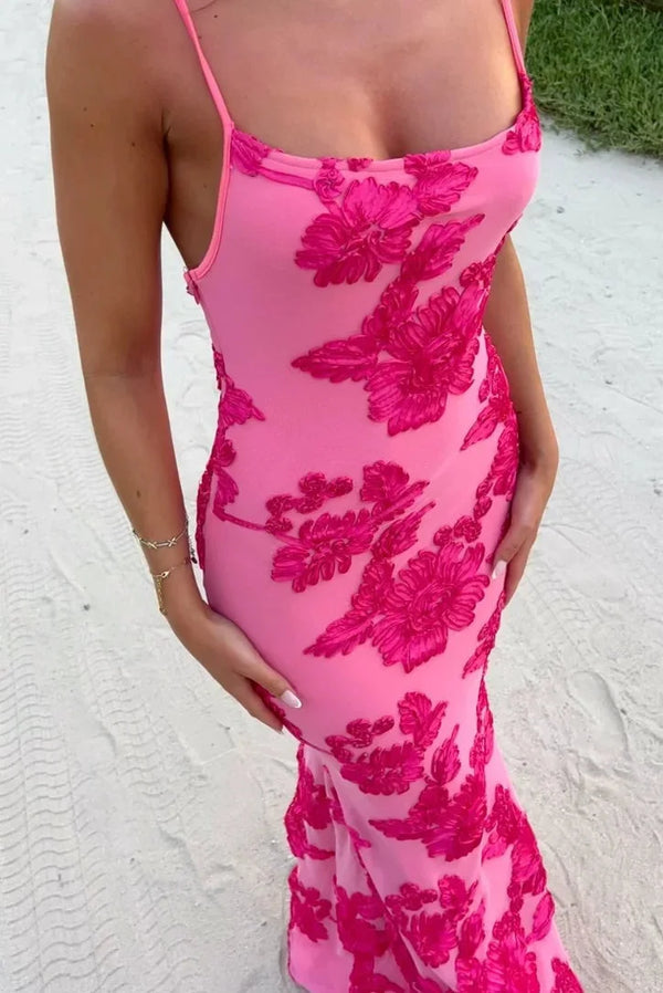 Mara | Women’s pink floral maxi dress with elegant shoulder ties