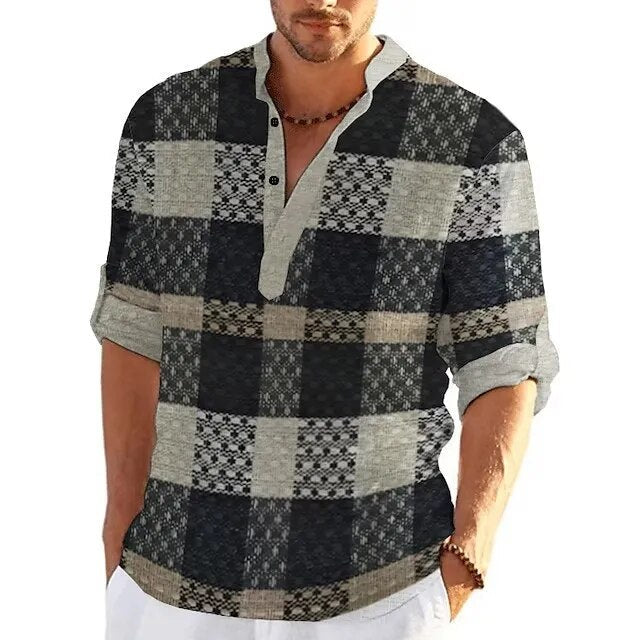 Men's Vintage Patchwork Henley Shirt