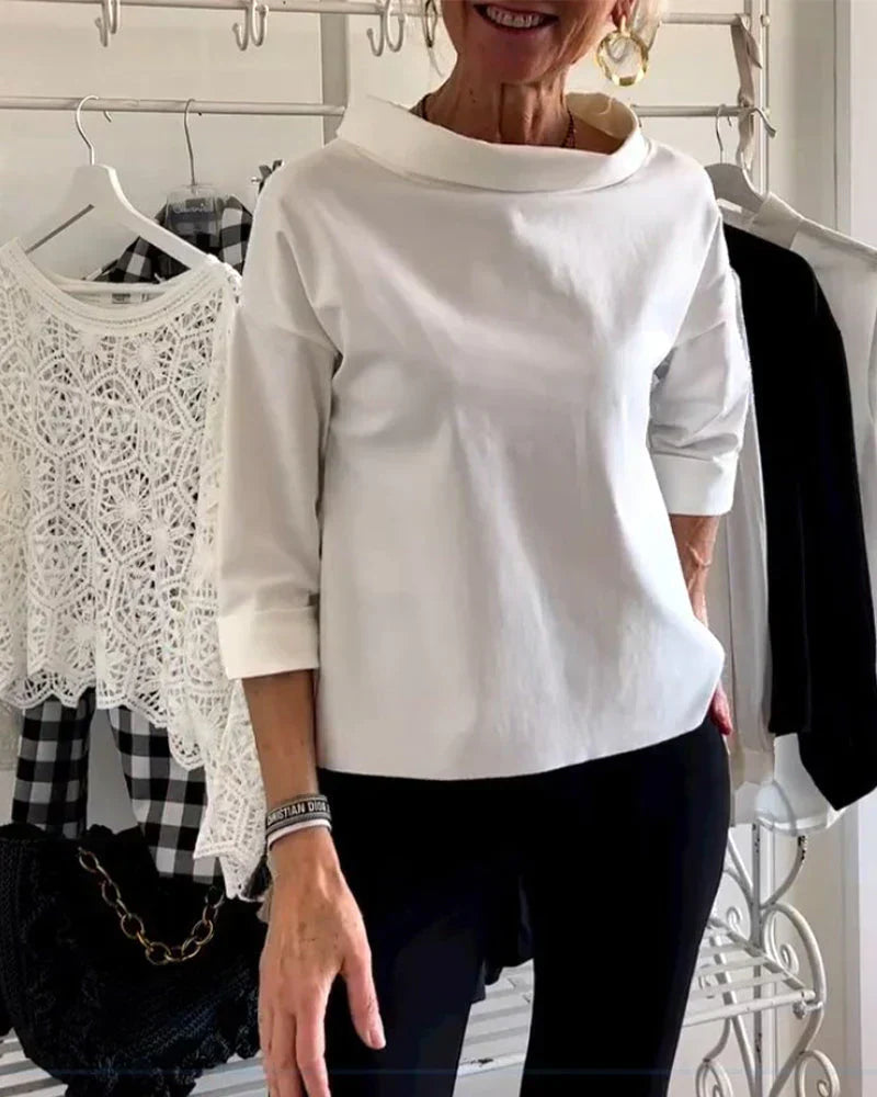Women's Elegant Boat Neck 3/4 Sleeve Relaxed Fit Blouse