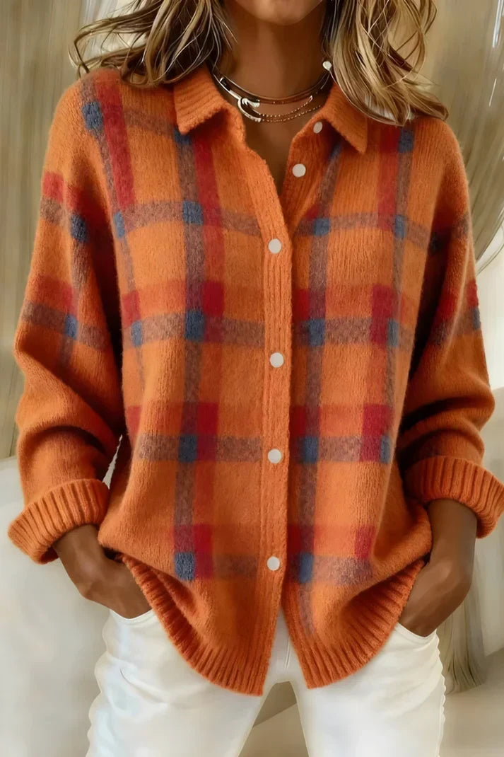 Women’s Relaxed Plaid Button-Up Sweater