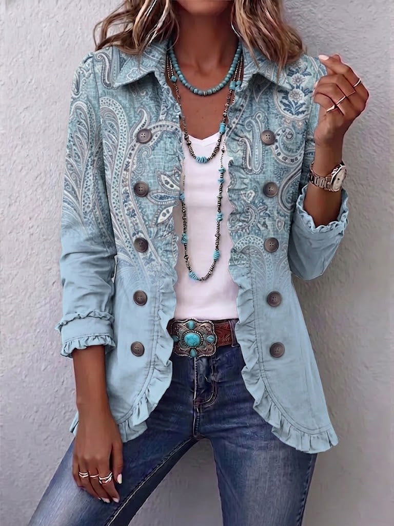 Women's Paisley Print Ruffled Button-Up Blazer