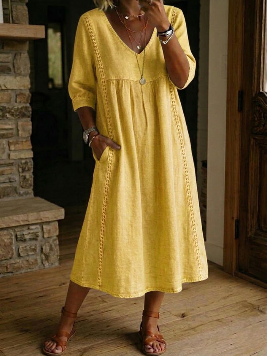 Women's V-Neck Gathered Waist Midi Dress with Eyelet Trim