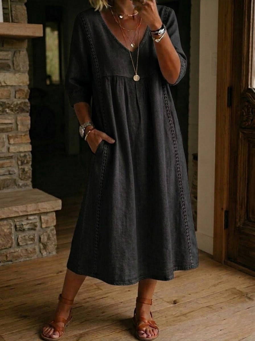 Women's V-Neck Gathered Waist Midi Dress with Eyelet Trim