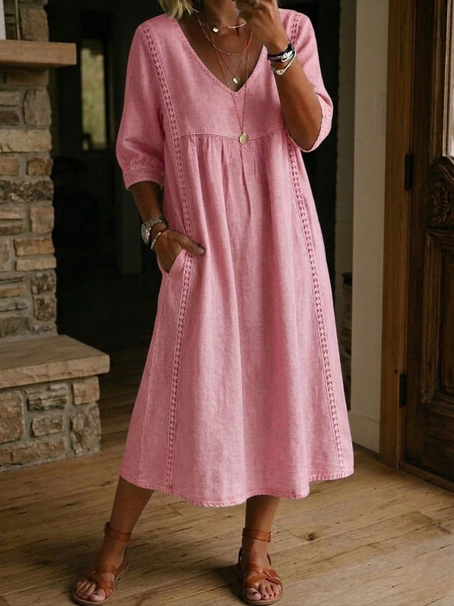 Women's V-Neck Gathered Waist Midi Dress with Eyelet Trim