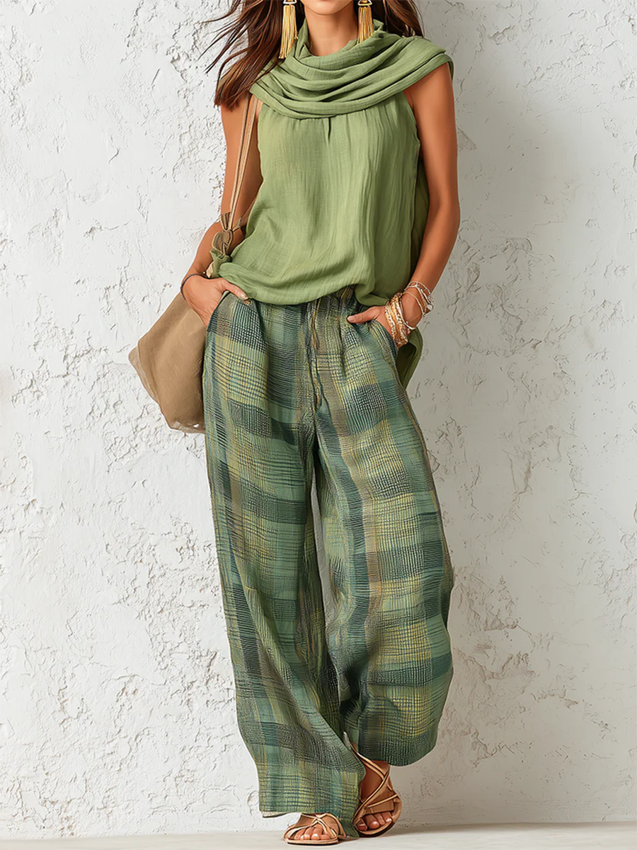 Women's Cowl Neck Sleeveless Top & Plaid Trouser Co-Ord Set
