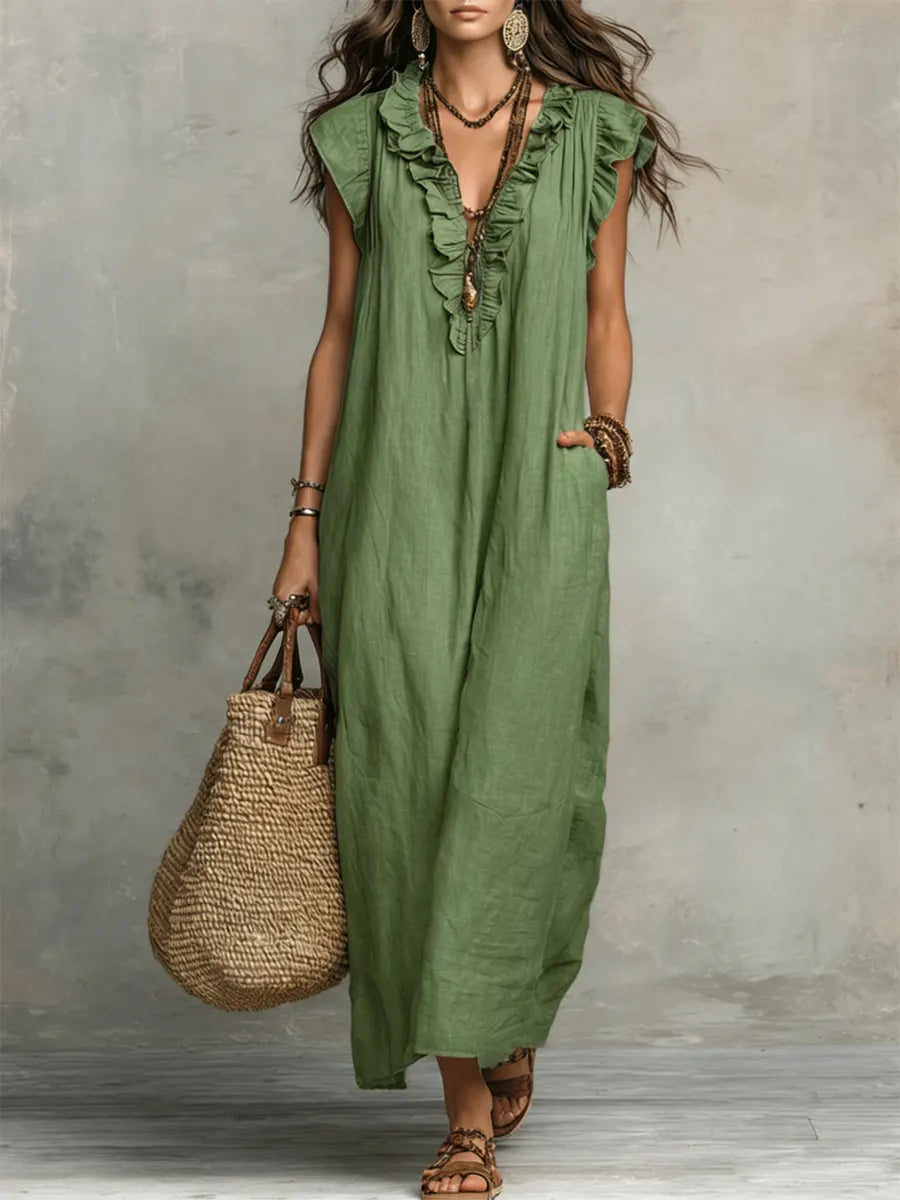 Women's Bohemian Ruffle-Trim Sleeveless Maxi Dress