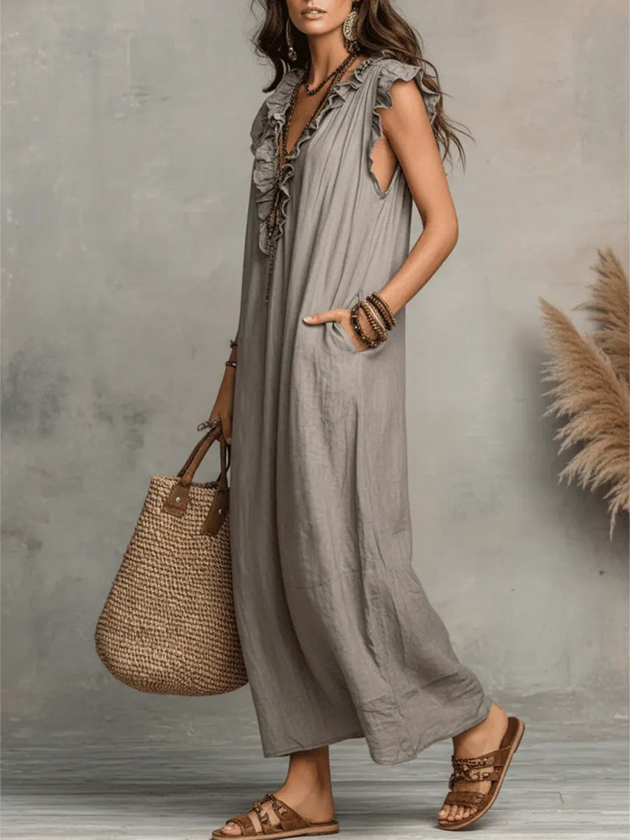 Women's Bohemian Ruffle-Trim Sleeveless Maxi Dress