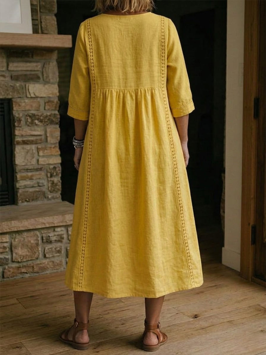 Women's V-Neck Gathered Waist Midi Dress with Eyelet Trim