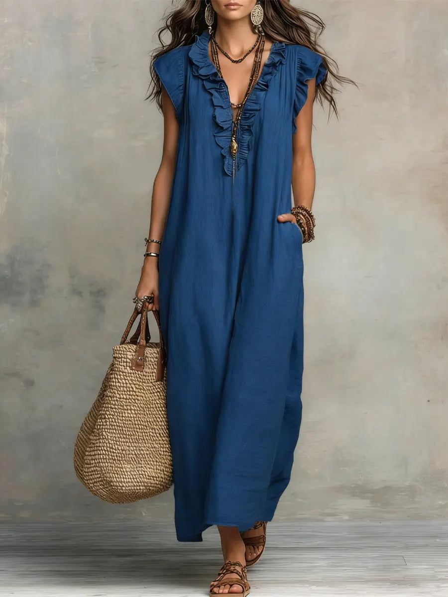 Women's Bohemian Ruffle-Trim Sleeveless Maxi Dress