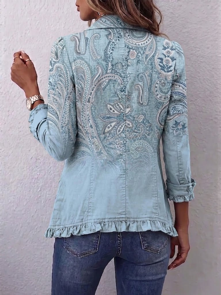 Women's Paisley Print Ruffled Button-Up Blazer