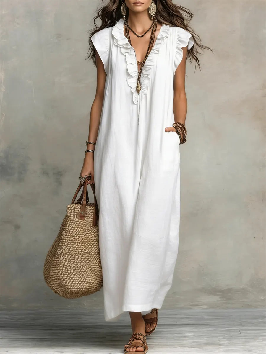 Women's Bohemian Ruffle-Trim Sleeveless Maxi Dress