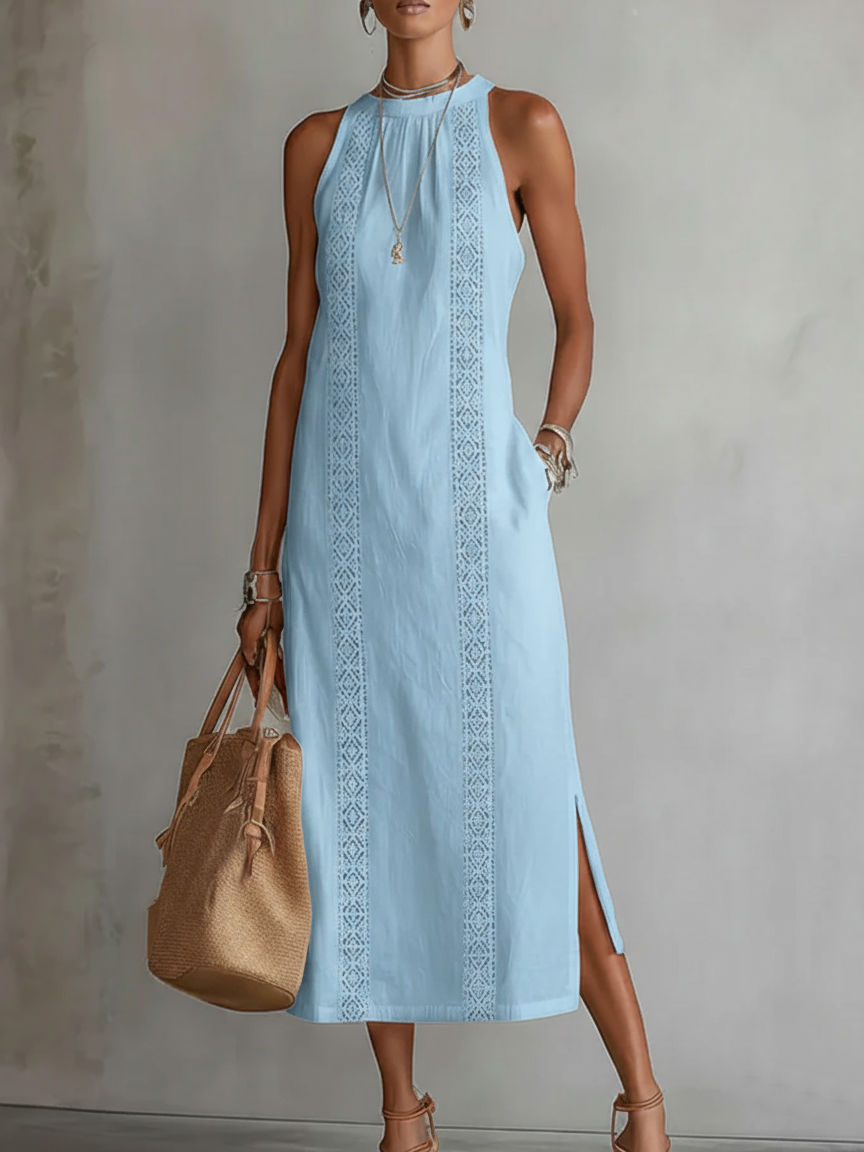 Women’s Minimalist Eyelet Midi Dress with Sleeveless High Neck Design