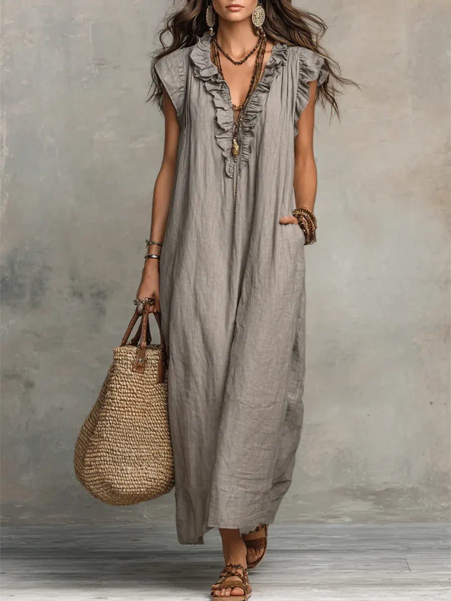 Women's Bohemian Ruffle-Trim Sleeveless Maxi Dress