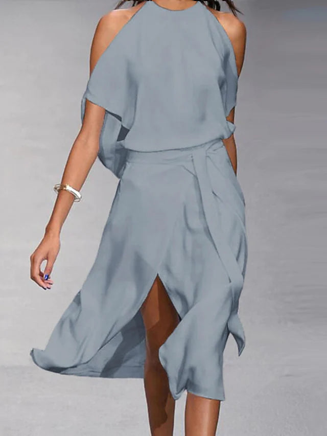 Women’s Halter Neck Midi Dress with Flowing Overlay