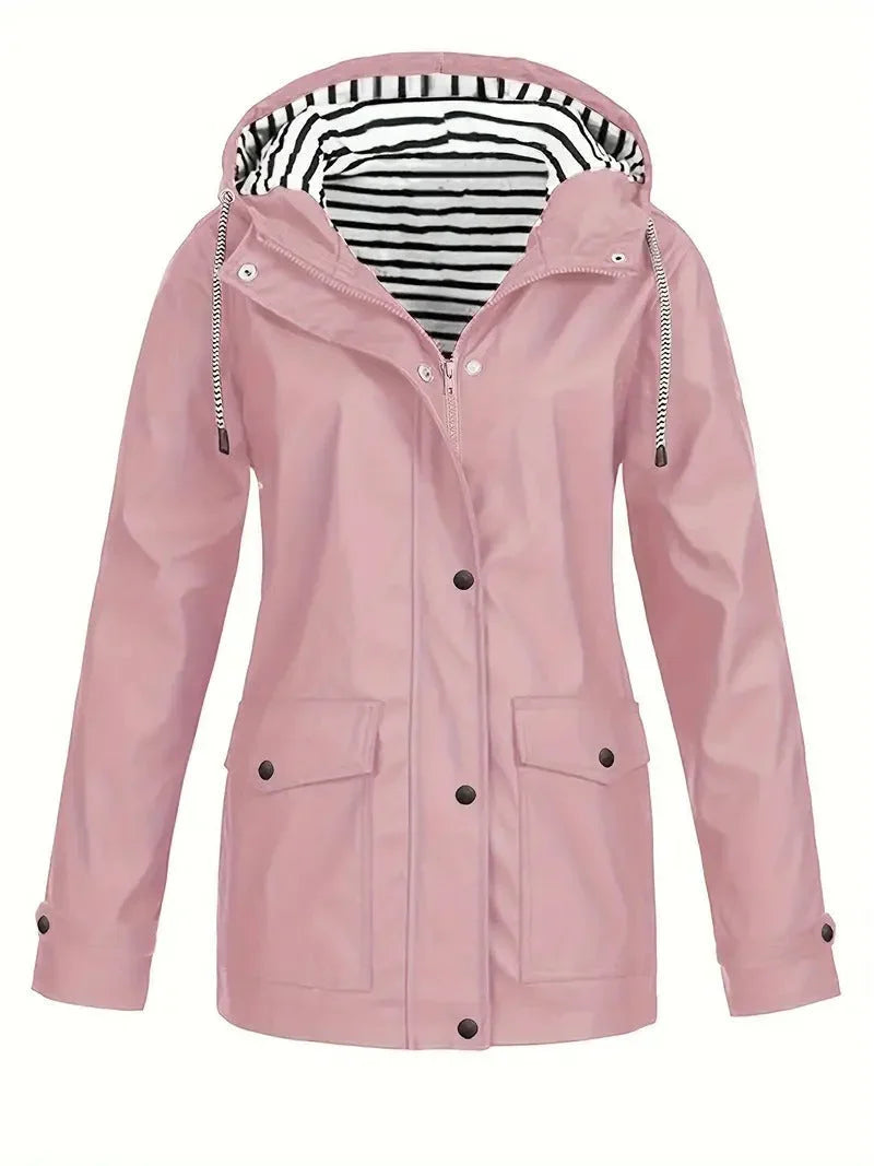 Women's Waterproof Striped Rain Jacket with Hood