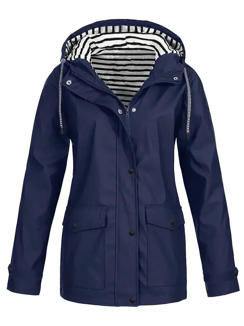 Women's Waterproof Striped Rain Jacket with Hood