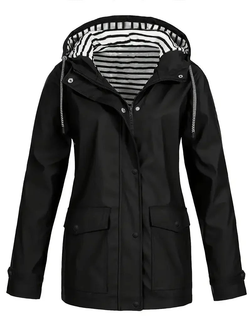 Women's Waterproof Striped Rain Jacket with Hood