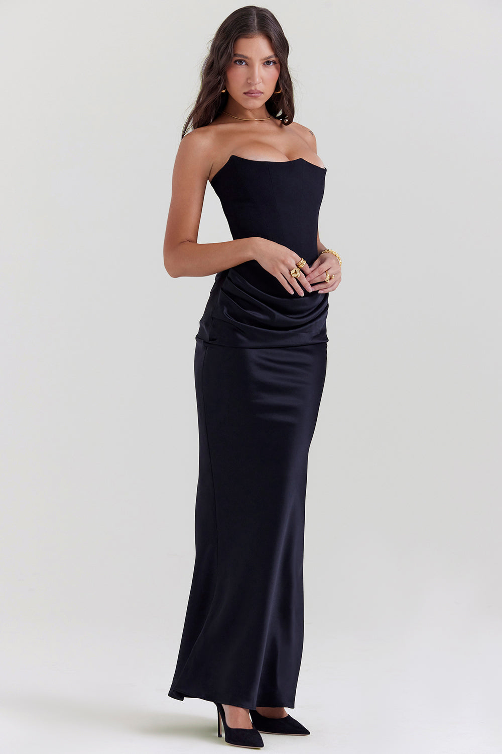 Women's Strapless Corset Maxi Dress with Structured Bodice