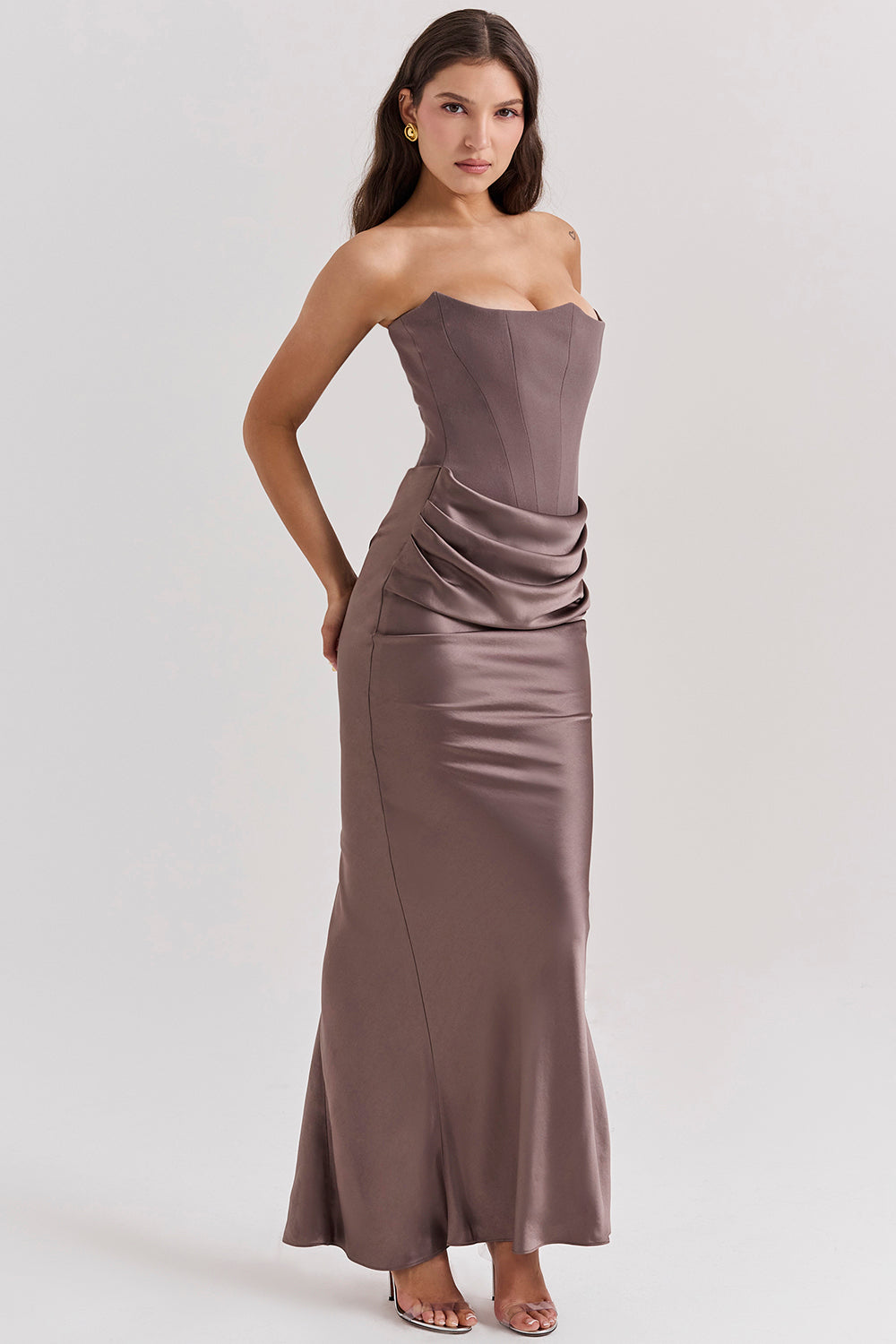 Women's Strapless Corset Maxi Dress with Structured Bodice