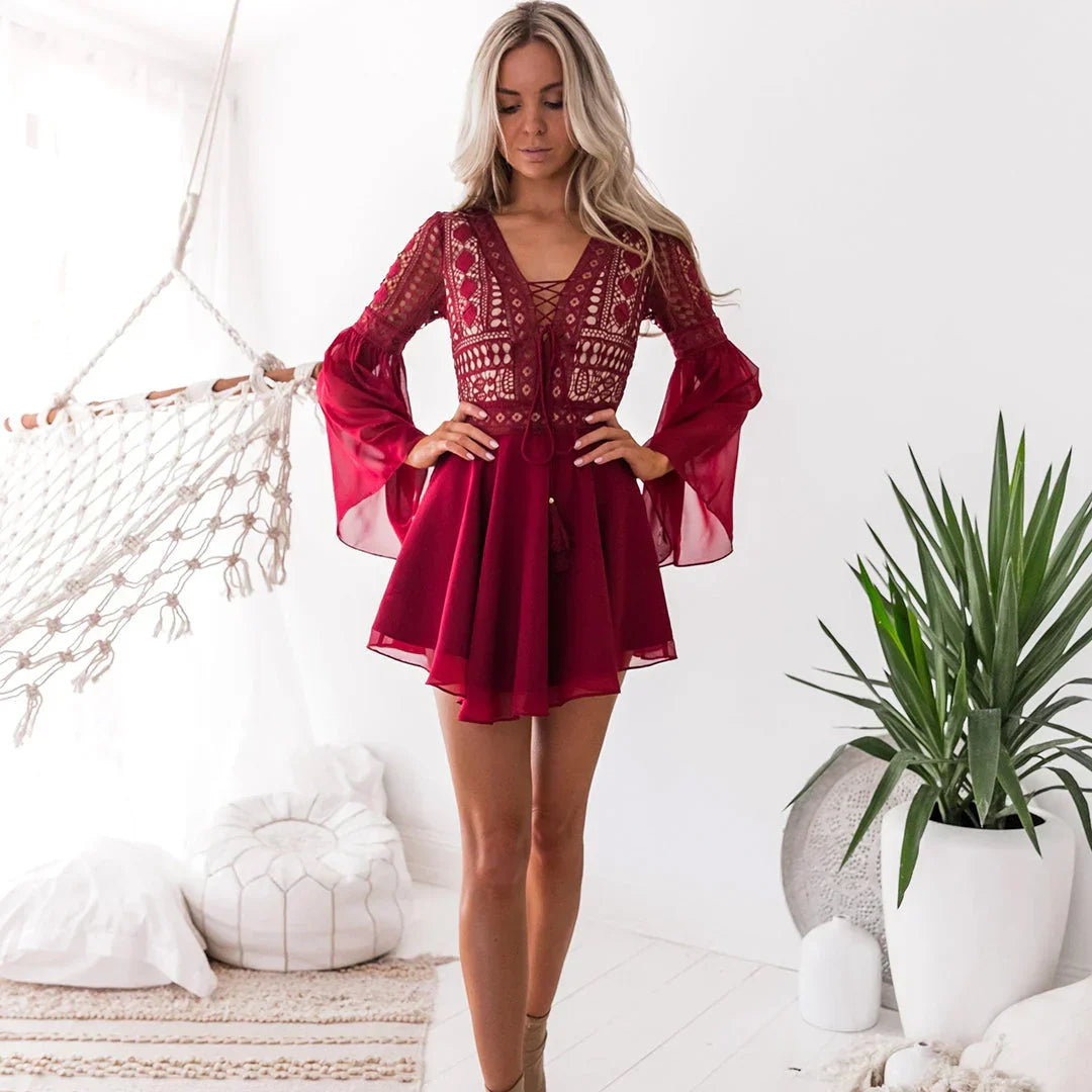 Women's Lace V-Neck Boho Mini Dress