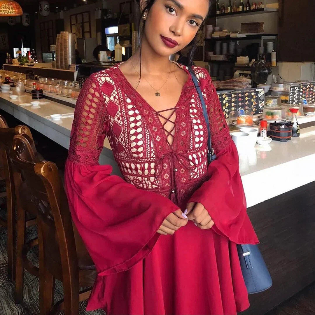 Women's Lace V-Neck Boho Mini Dress