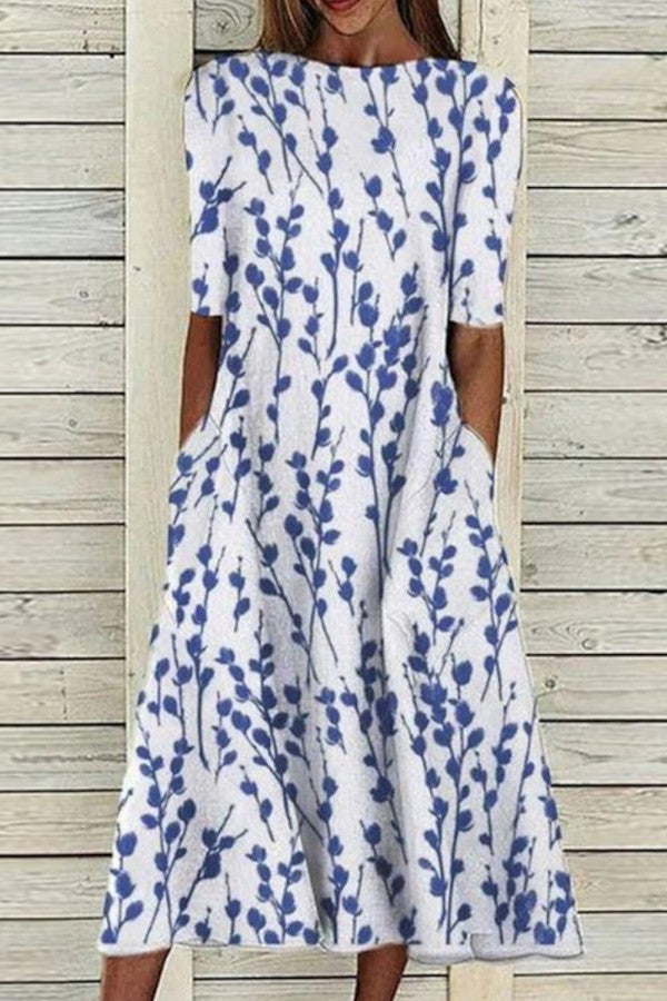 Women's Crew Neck Half-Sleeve Midi Dress