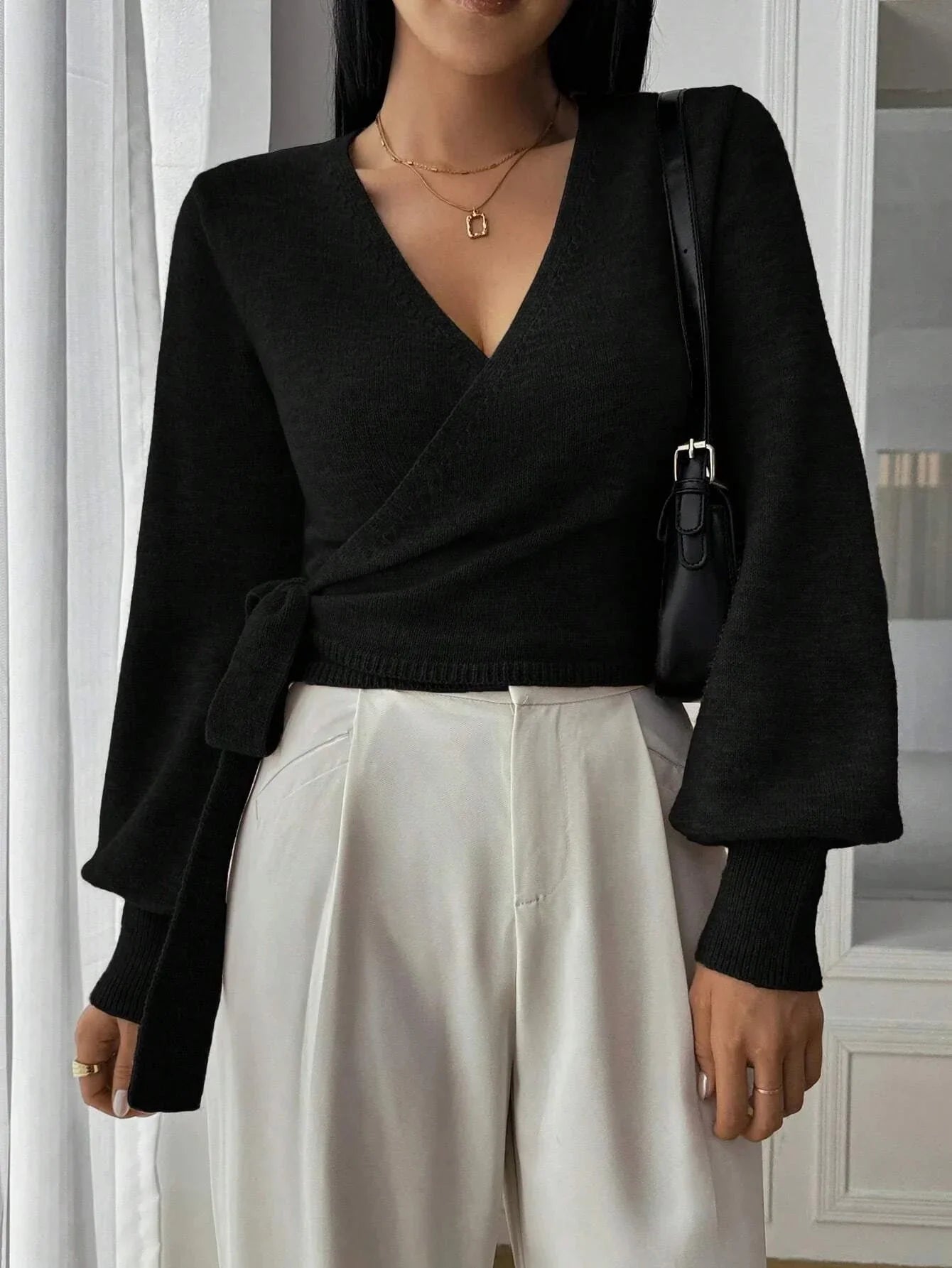 Women’s Wrap Knit Long Sleeve V Neck Sweater