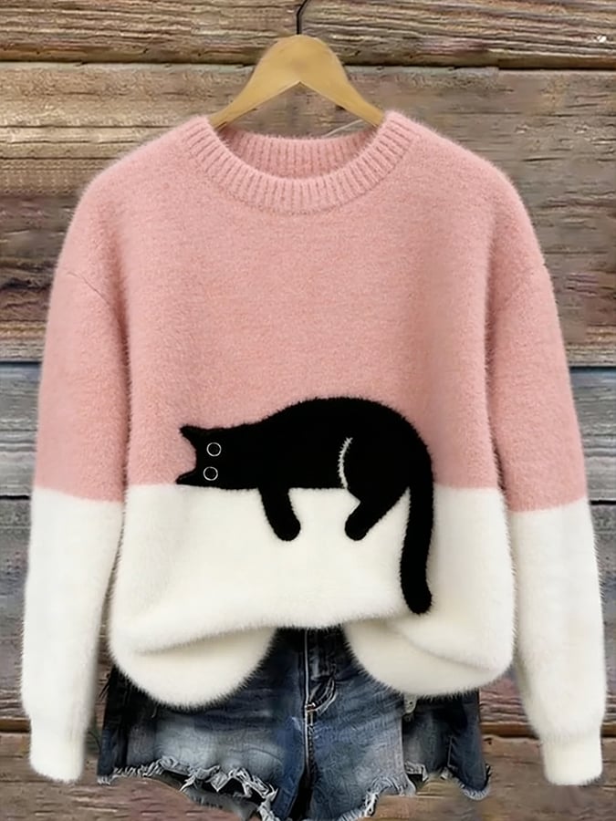 Women's Cat Print Casual Pullover Sweater