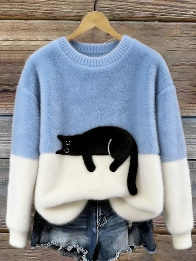 Women's Cat Print Casual Pullover Sweater