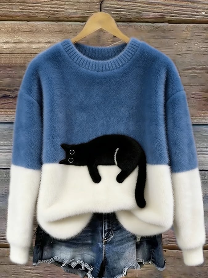 Women's Cat Print Casual Pullover Sweater