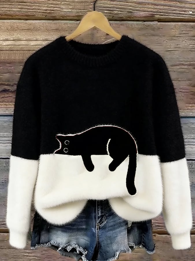 Women's Cat Print Casual Pullover Sweater