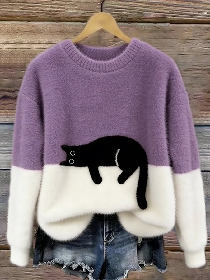 Women's Cat Print Casual Pullover Sweater