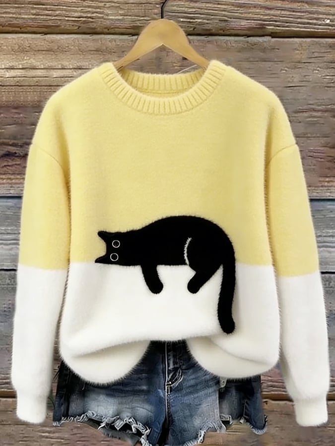 Women's Cat Print Casual Pullover Sweater