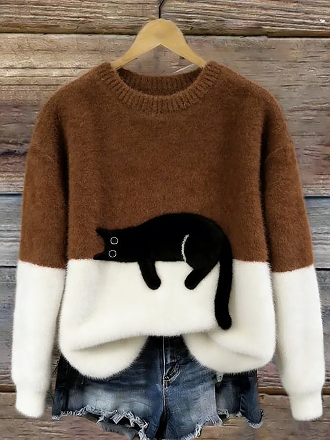Women's Cat Print Casual Pullover Sweater