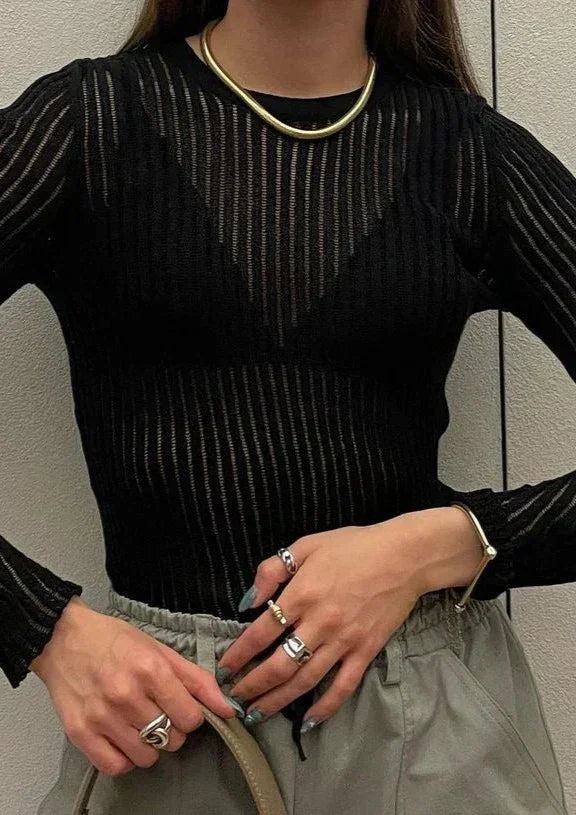 Women’s Sheer Ribbed Knit Long Sleeve Top with Modern Slim Fit