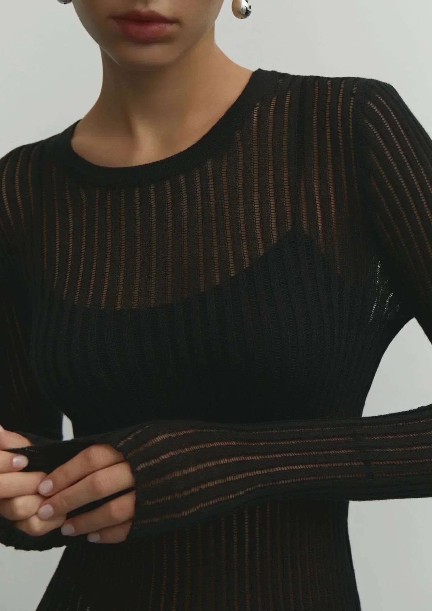 Women’s Sheer Ribbed Knit Long Sleeve Top with Modern Slim Fit