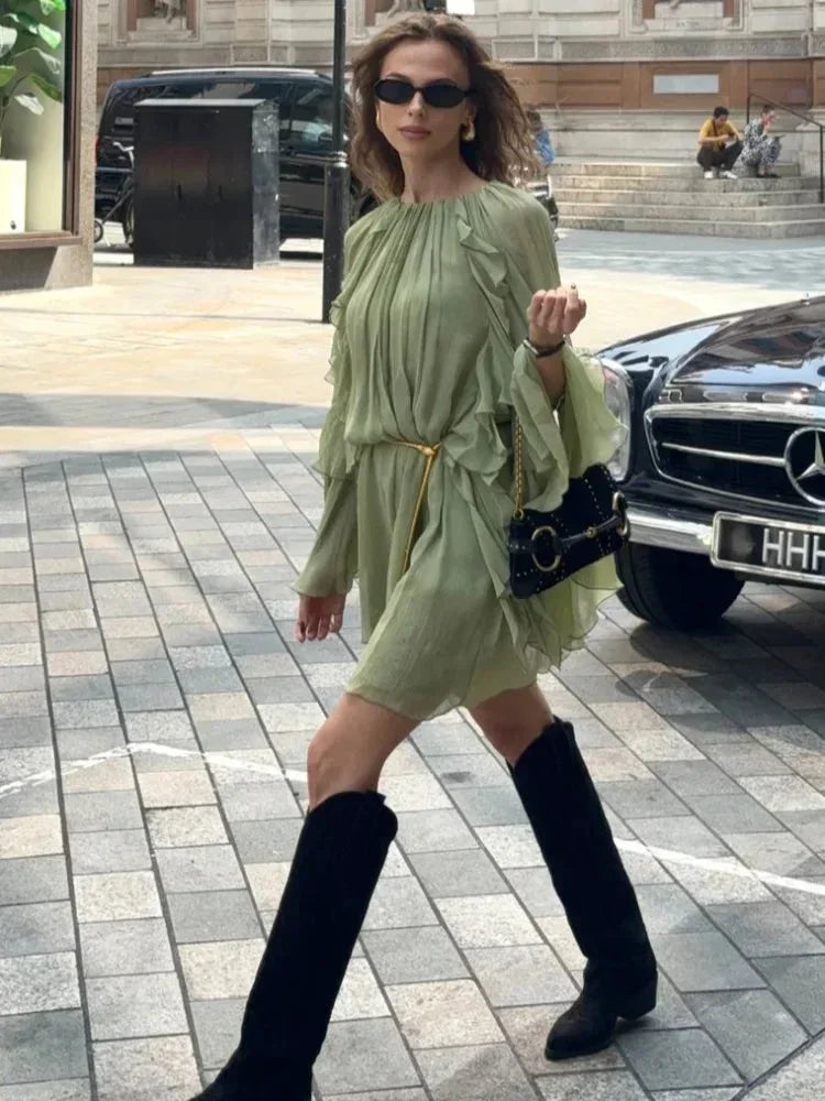 Women’s Romantic Layered Chiffon Mini Dress with Flowy Bell Sleeves