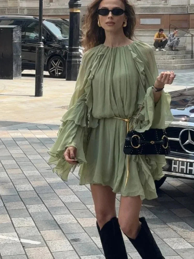 Women’s Romantic Layered Chiffon Mini Dress with Flowy Bell Sleeves