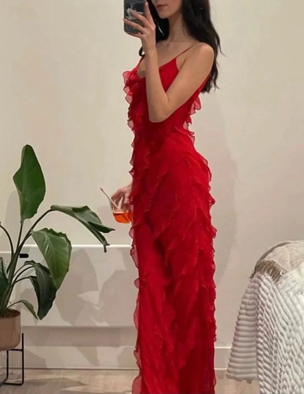 Women’s Elegant Ruffle Trim Evening Maxi Dress with Open Back Design