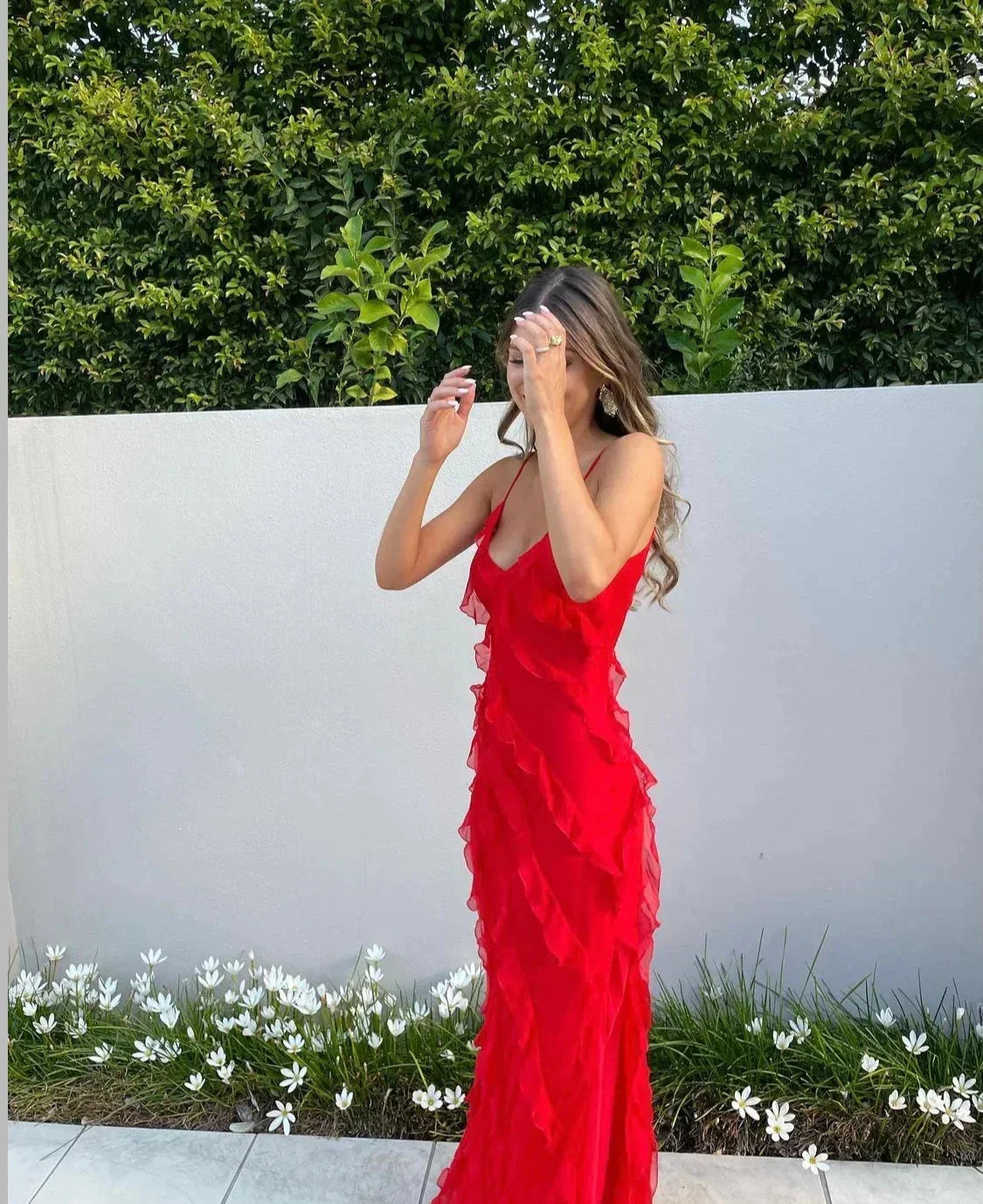 Women’s Elegant Ruffle Trim Evening Maxi Dress with Open Back Design