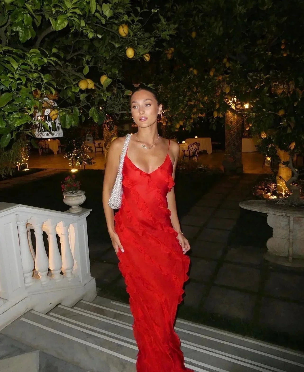 Women’s Elegant Ruffle Trim Evening Maxi Dress with Open Back Design