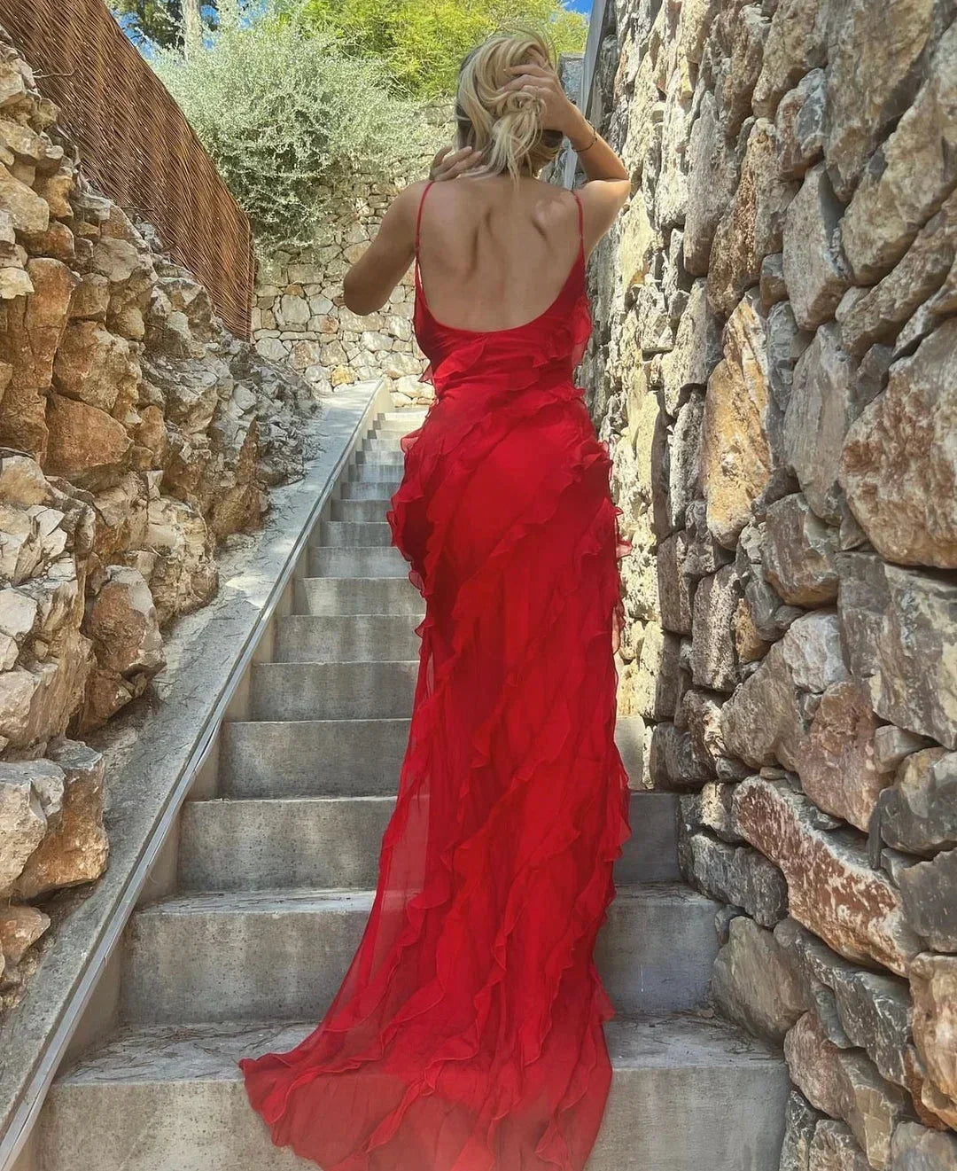 Women’s Elegant Ruffle Trim Evening Maxi Dress with Open Back Design