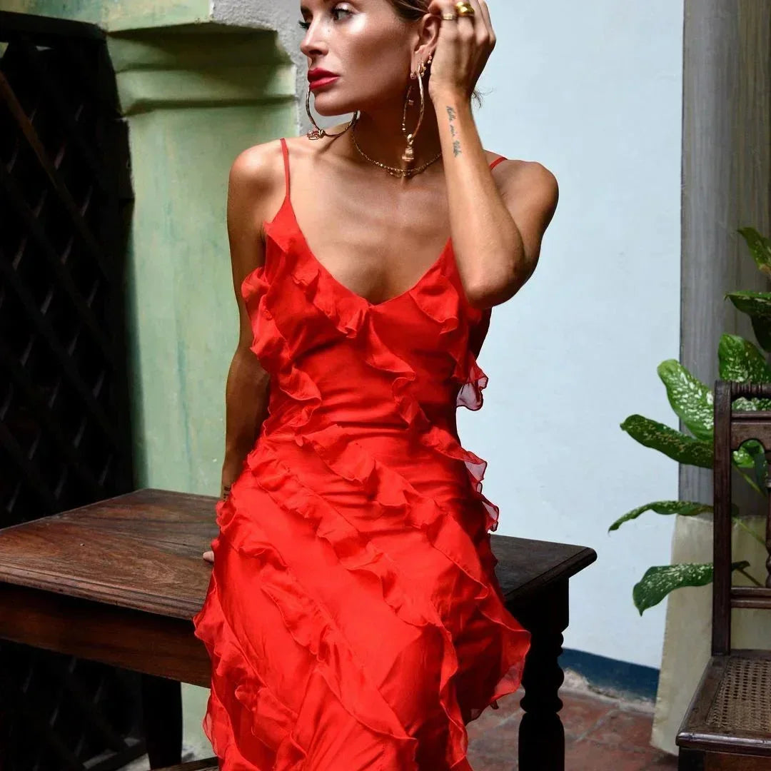 Women’s Elegant Ruffle Trim Evening Maxi Dress with Open Back Design