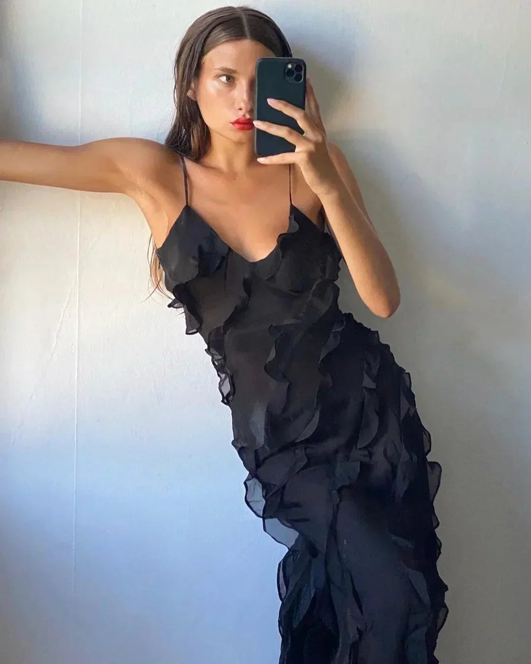 Women’s Elegant Ruffle Trim Evening Maxi Dress with Open Back Design