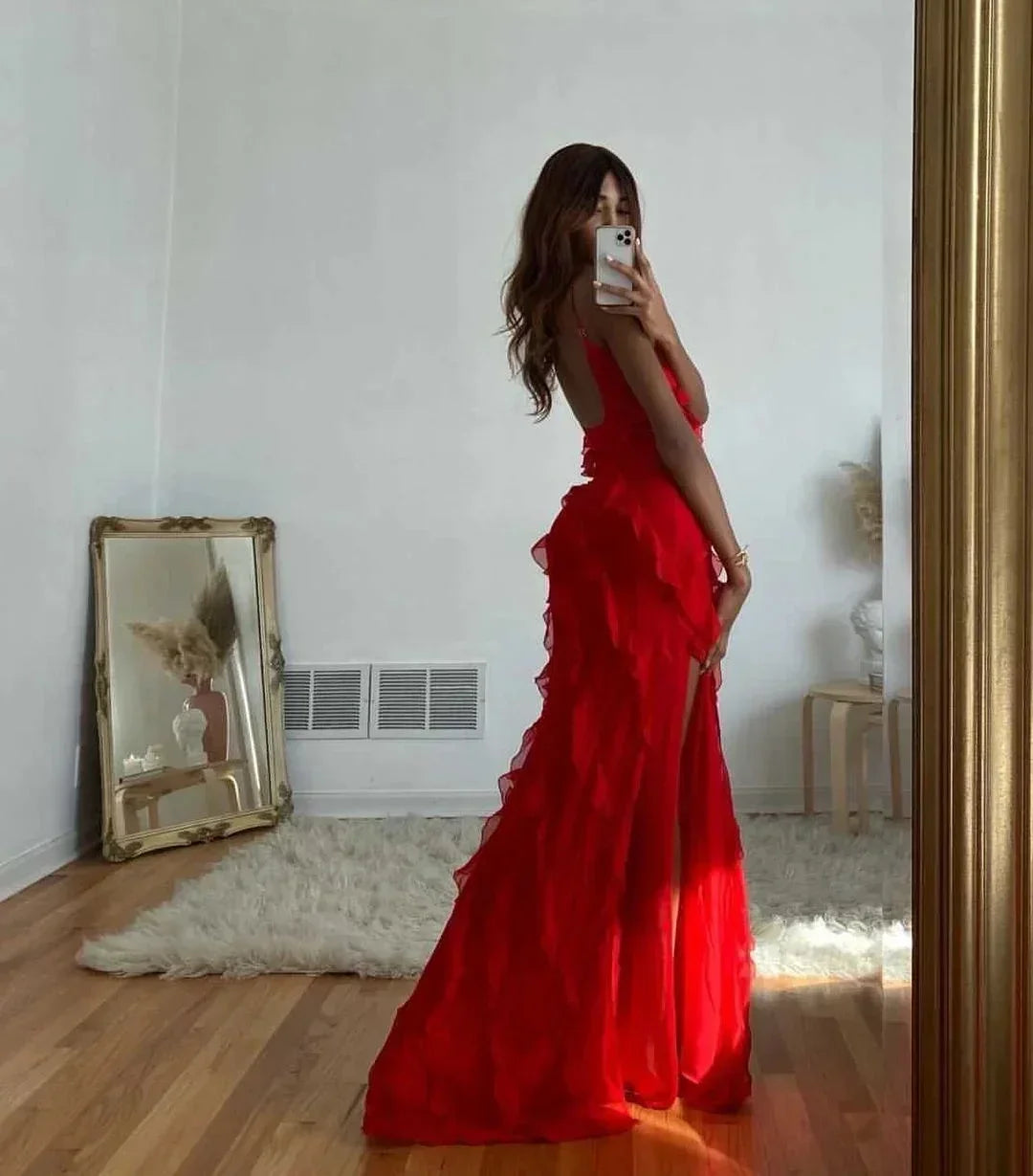 Women’s Elegant Ruffle Trim Evening Maxi Dress with Open Back Design