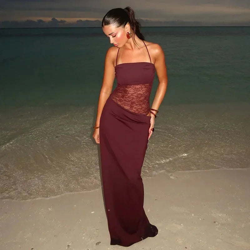 Women’s Lace Panel Maxi Evening Dress with Strapless Bodycon Fit