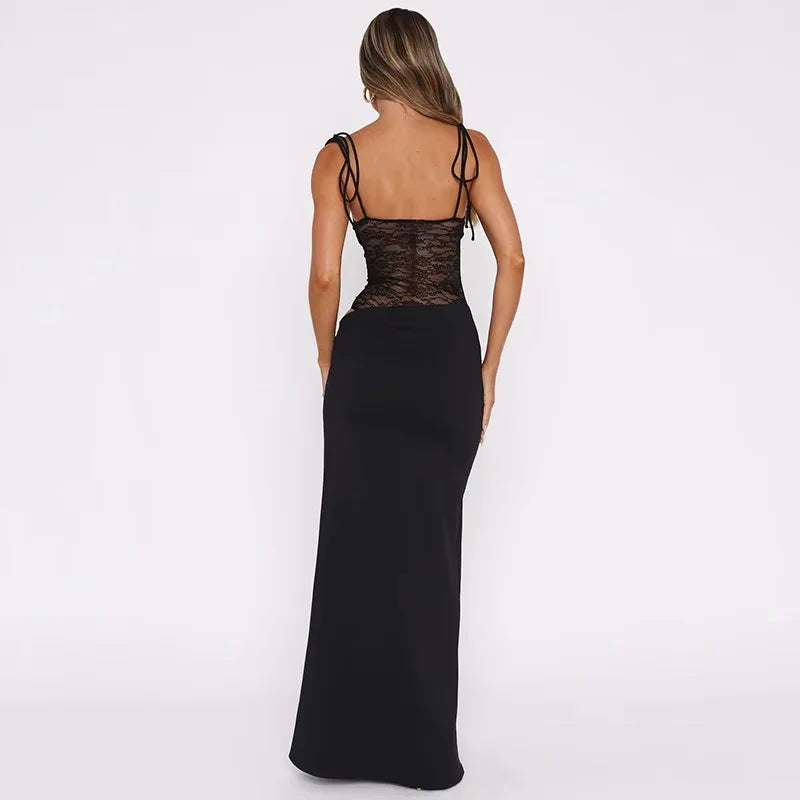 Women’s Lace Panel Maxi Evening Dress with Strapless Bodycon Fit